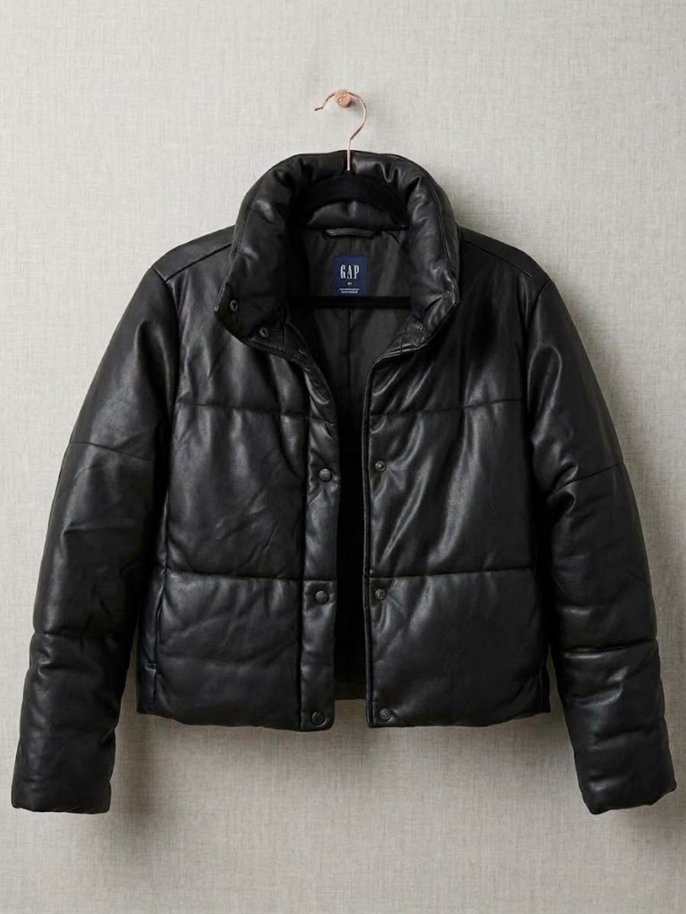 GAP Black Faux Leather Cropped Puffer Jacket High Neck Snap Front - XS